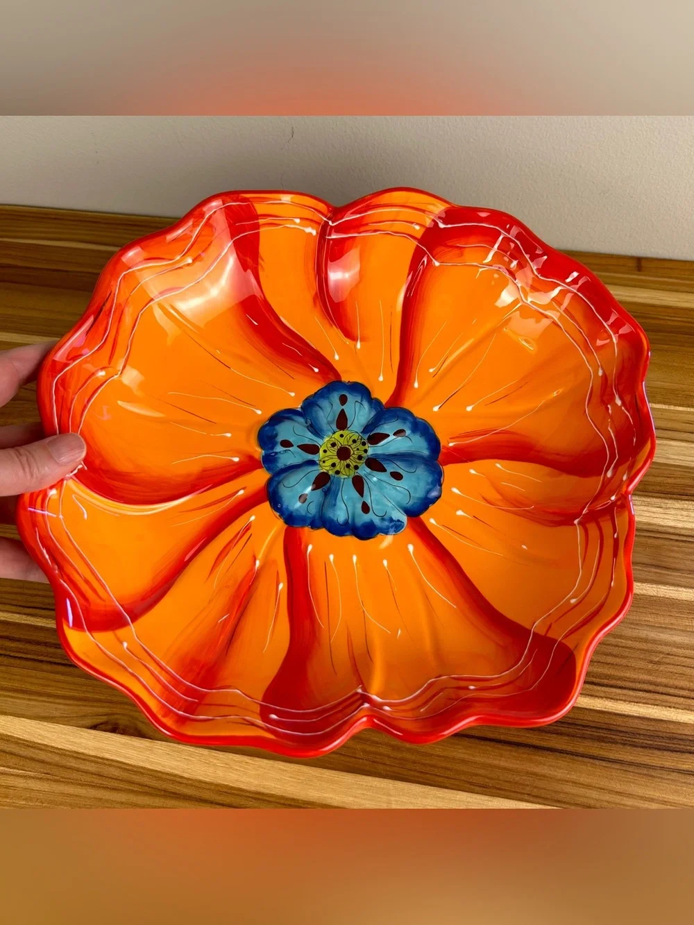 Laurie Gates Hand Painted Orange Flower Serving Plate